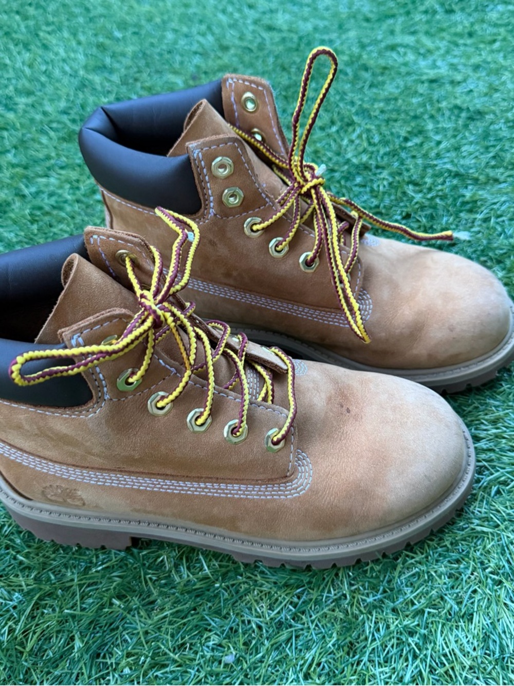 Timberland-style Tan Work Boots with Yellow-Burgundy Laces